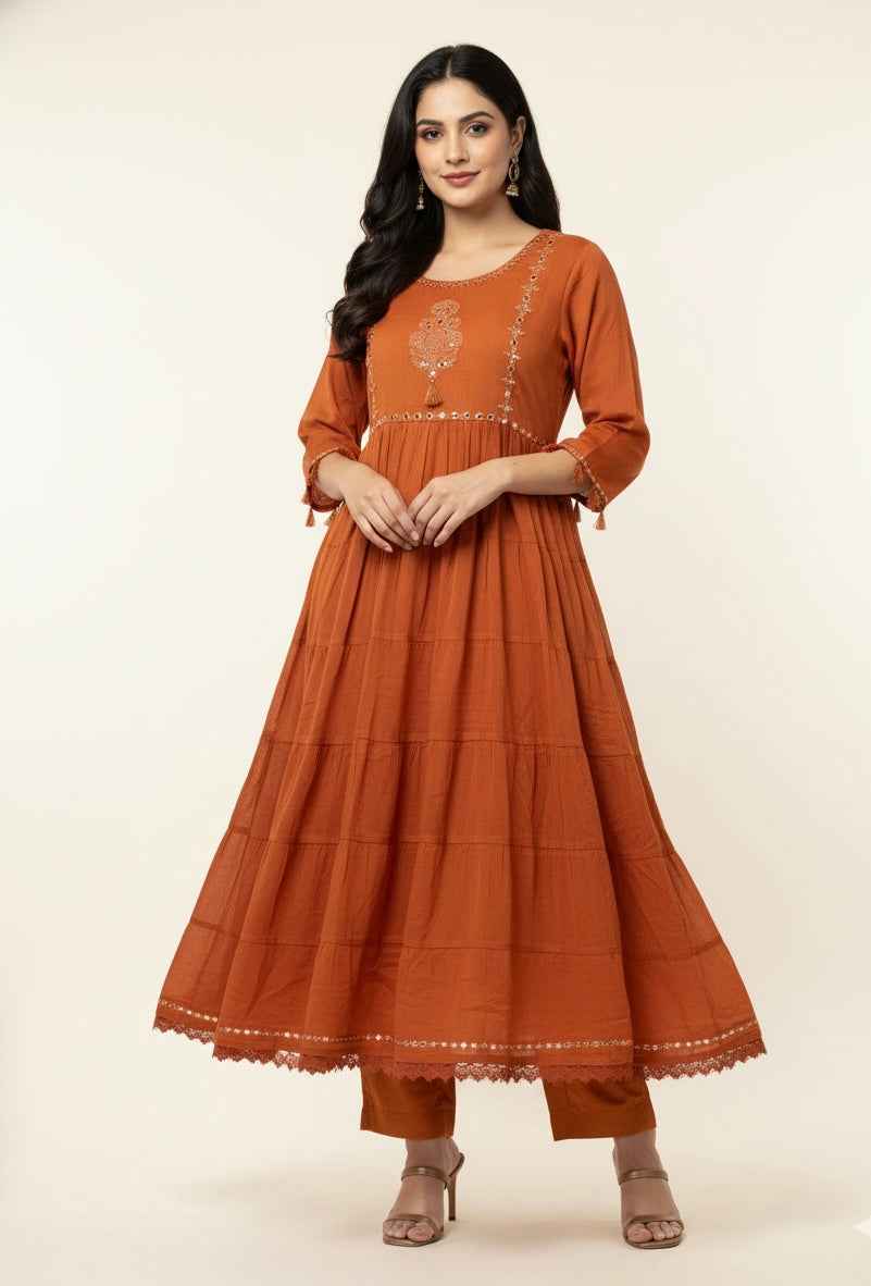 Pure Mul Cotton A Line Anarkali Dupatta Set With Embroidery Work