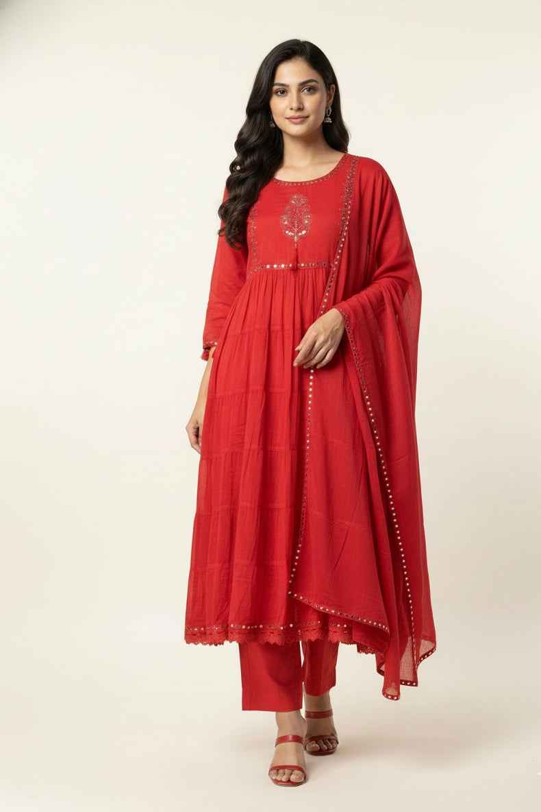 Pure Mul Cotton A Line Anarkali Dupatta Set With Embroidery Work