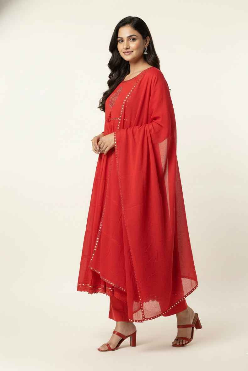 Pure Mul Cotton A Line Anarkali Dupatta Set With Embroidery Work