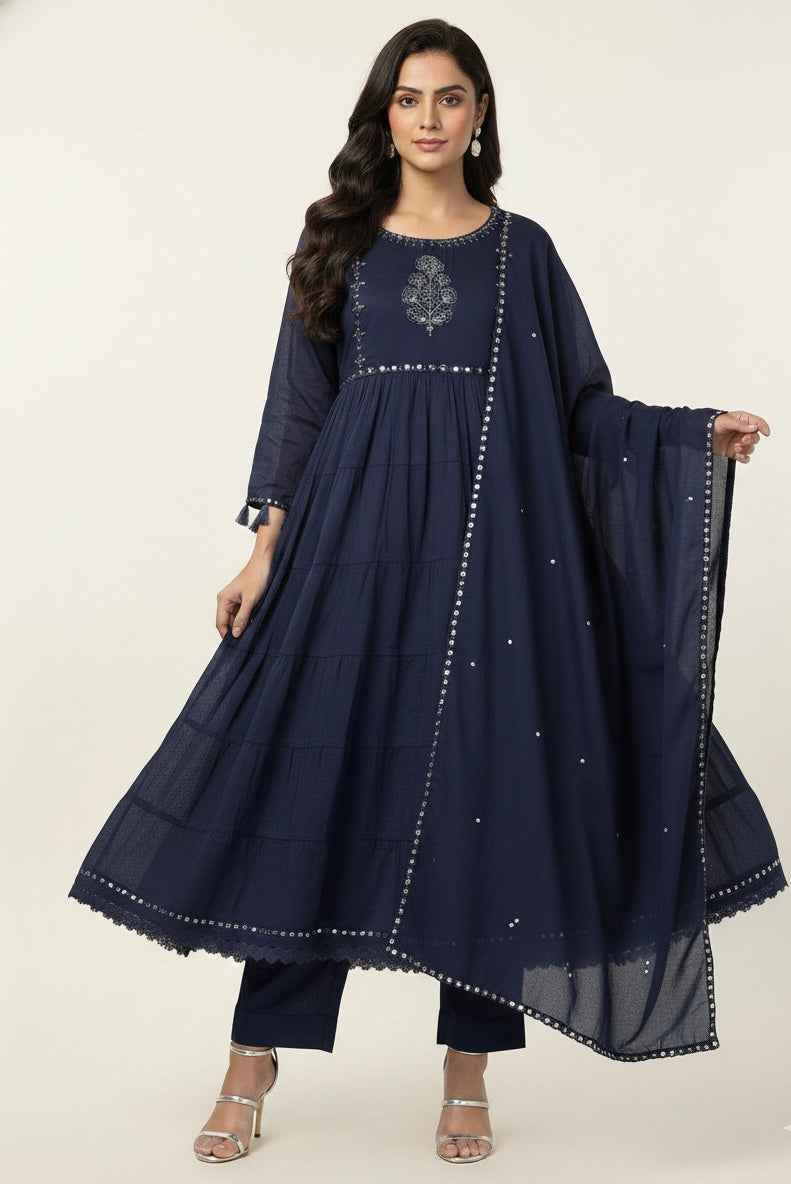 Pure Mul Cotton A Line Anarkali Dupatta Set With Embroidery Work