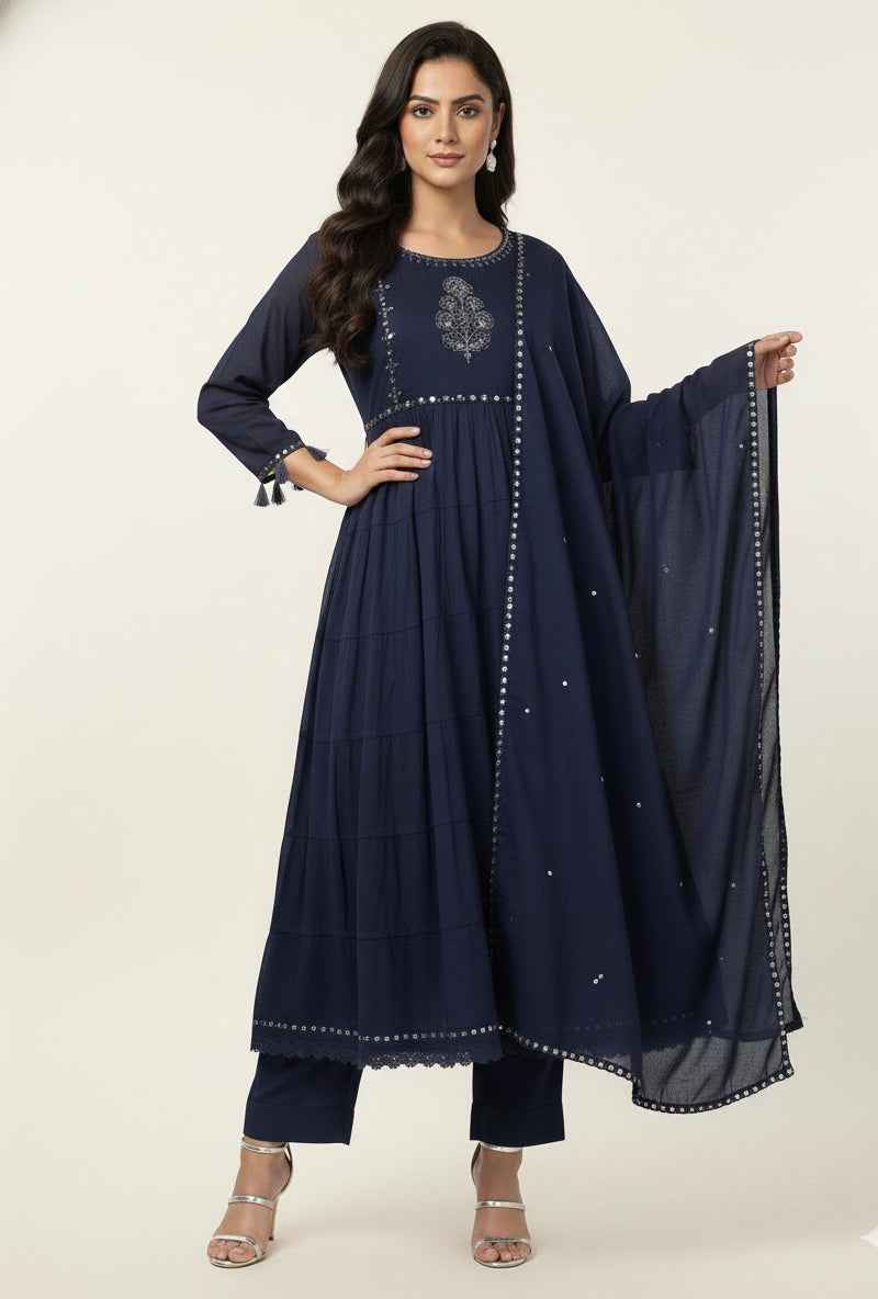 Pure Mul Cotton A Line Anarkali Dupatta Set With Embroidery Work