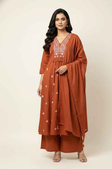 Pure Cotton A Line Dupatta Set With Embroidery Work