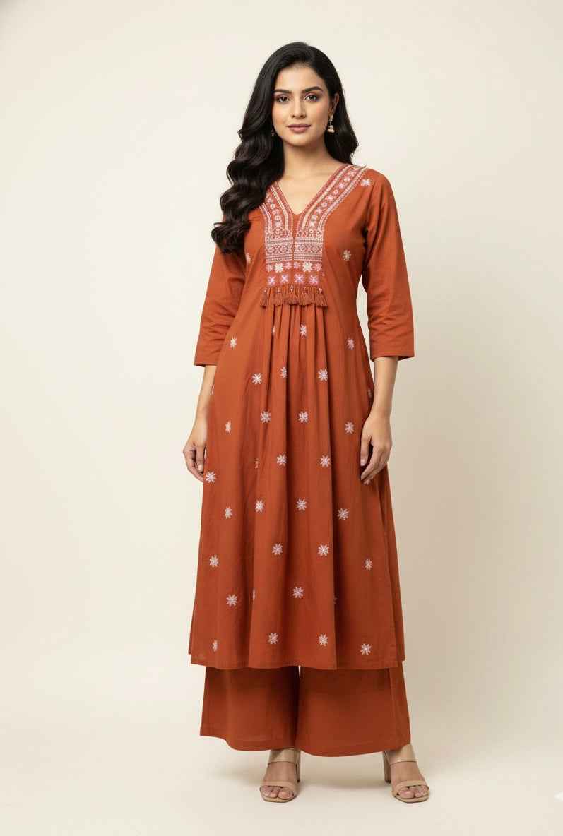 Pure Cotton A Line Dupatta Set With Embroidery Work