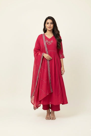 Mul Chanderi Silk Solid Base Dupatta Set With Fine Embroidery MLC009