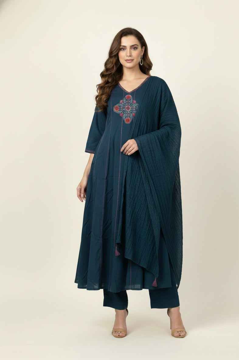 Premium Cotton A Line Anarkali Dupatta Set