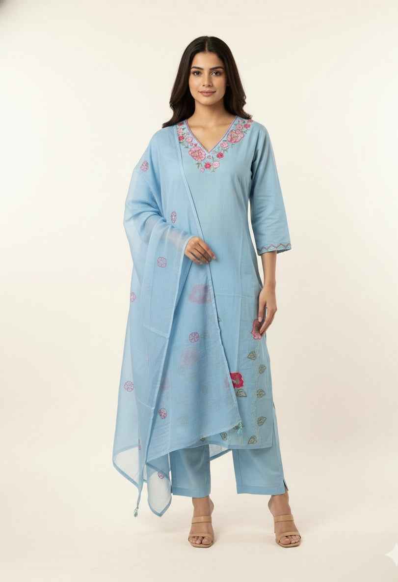 Pure Mul Cotton Three Piece Dupatta Set