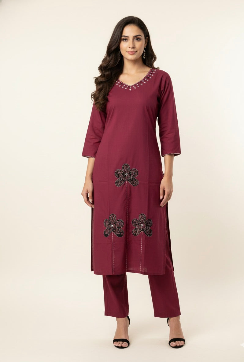 Ajrakh Print Pure Cotton Applique Work Suit. ( Wine ) CS056