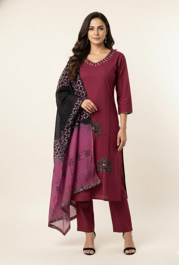 Ajrakh Print Pure Cotton Applique Work Suit. ( Wine ) CS056