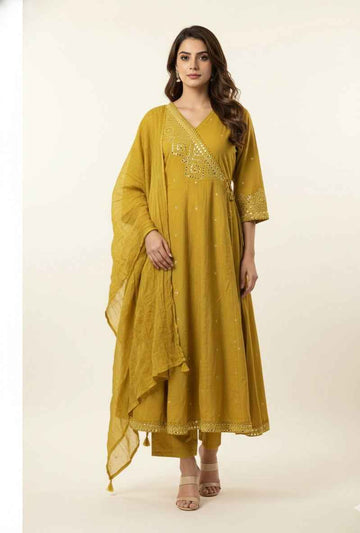 Pure Mul Cotton A Line Anarkali With Angrakha Style  Dupatta Set ANK028
