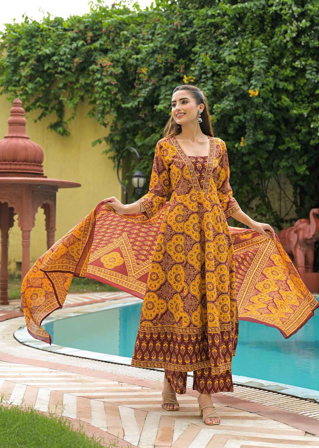 Ajrakh Print Pure Cotton Flaired Anarkali Suit.