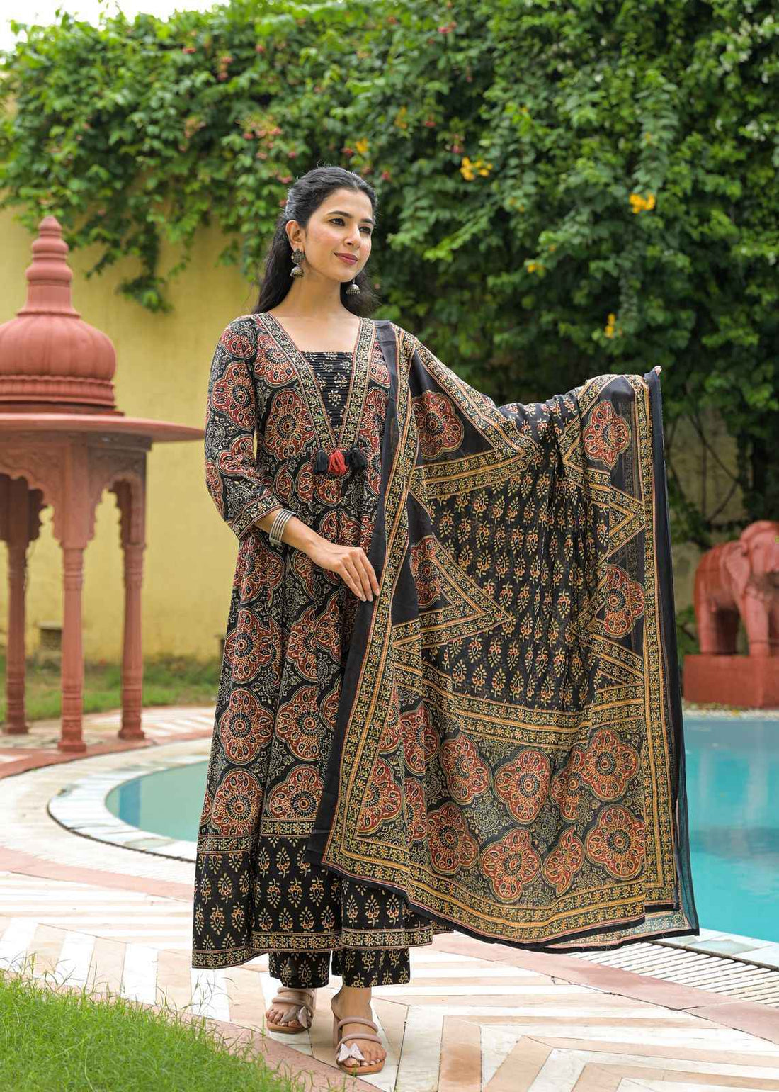 Ajrakh Print Pure Cotton Flaired Anarkali Suit.