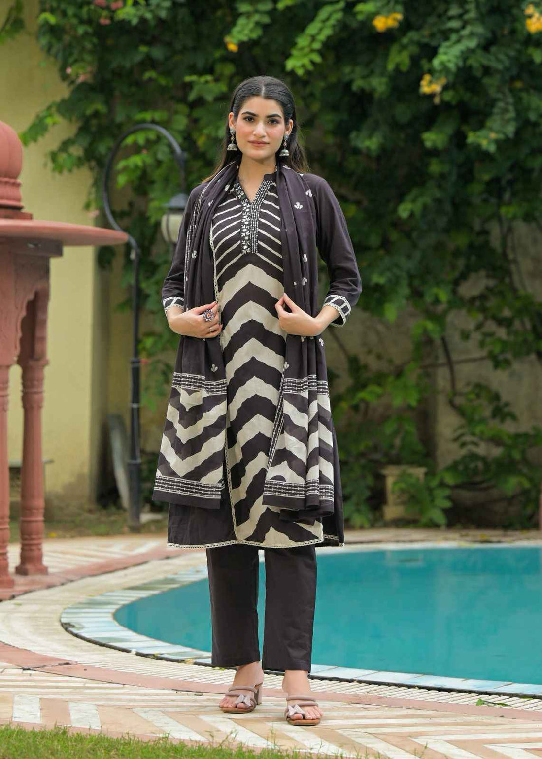 Pure Cotton A Line Mandarin Collar Dupatta Set