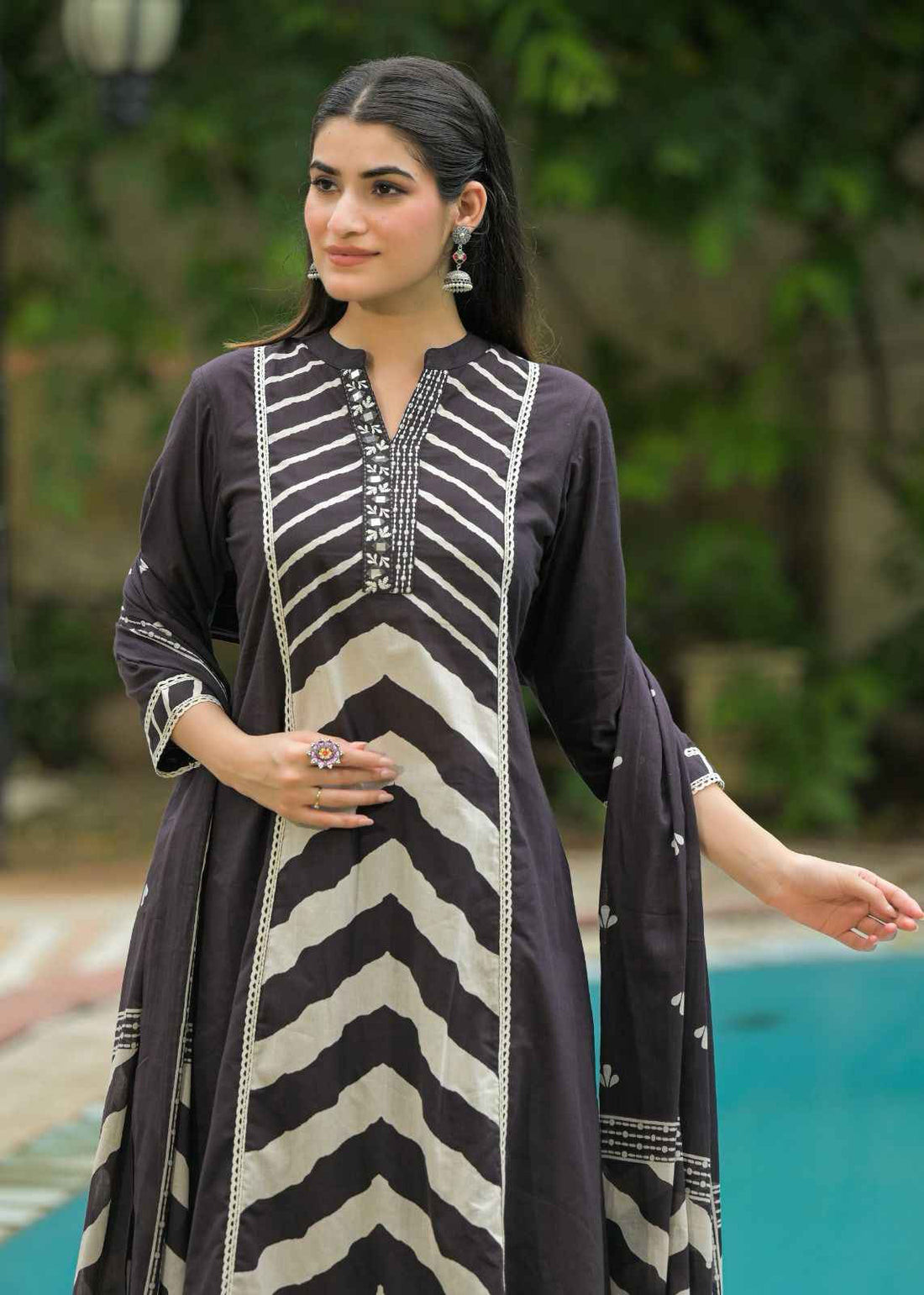 Pure Cotton A Line Mandarin Collar Dupatta Set