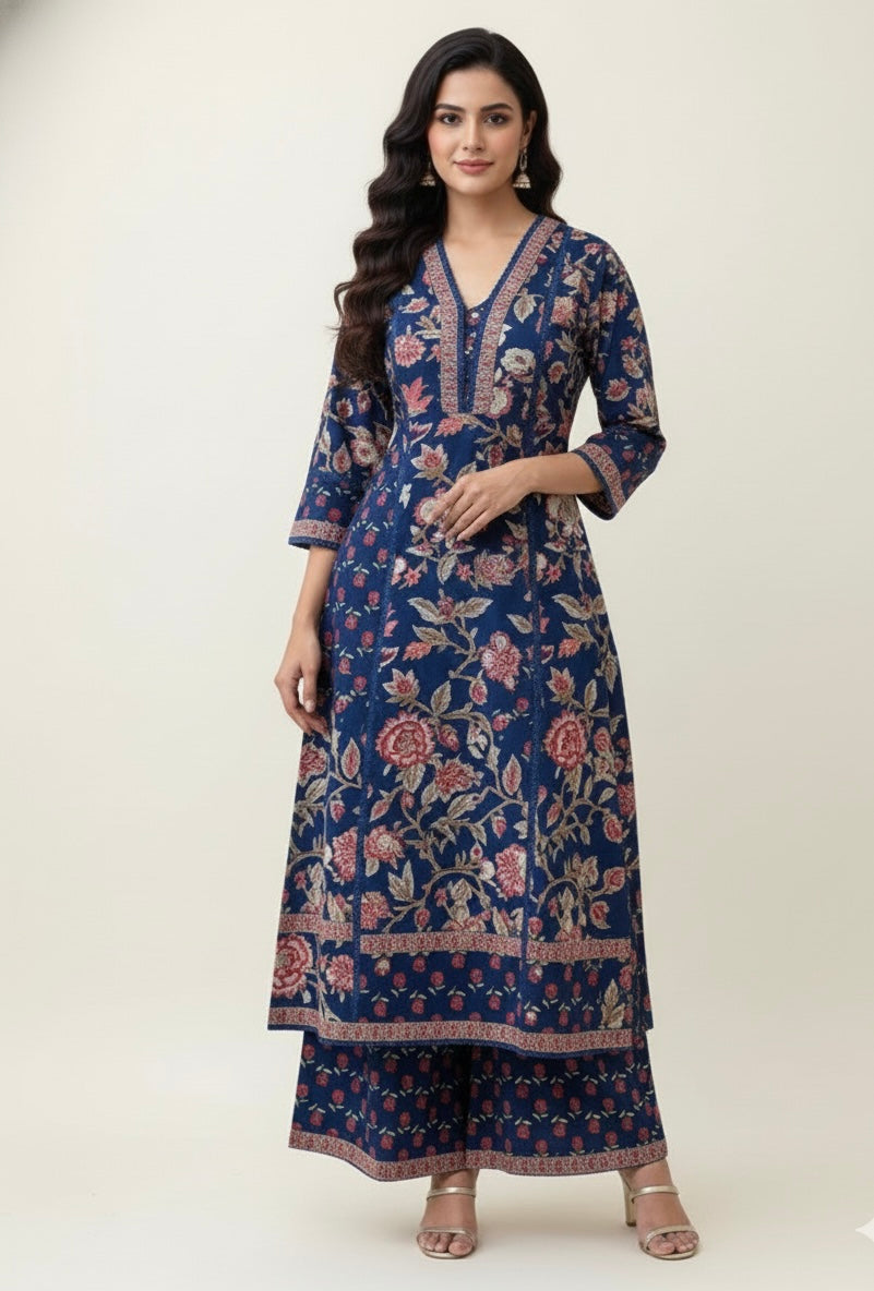 Pure Cotton Floral Print Full Suit with Plaazo Pants -   LC022