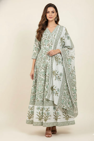 White Base Hand Block Floral Print Dupatta Set     LC025