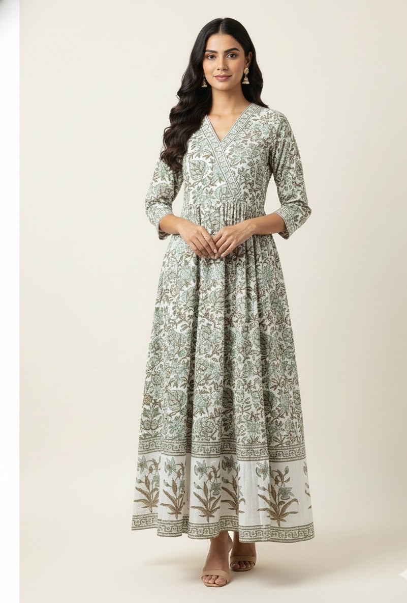 White Base Hand Block Floral Print Dupatta Set     LC025