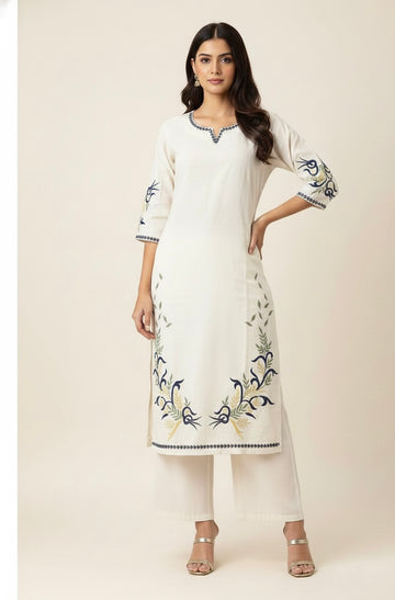 White Base Pure Cotton Flex Embroidered Pant Set   LC033