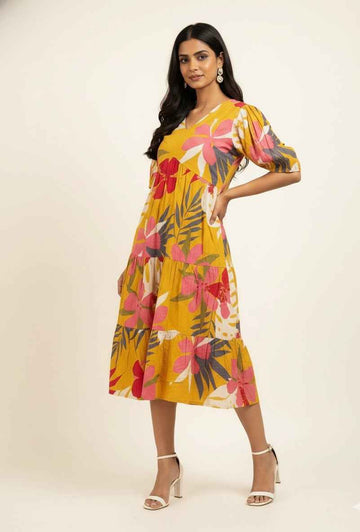 Pure Cotton Floral Print  One Piece Midi Dress  SD012