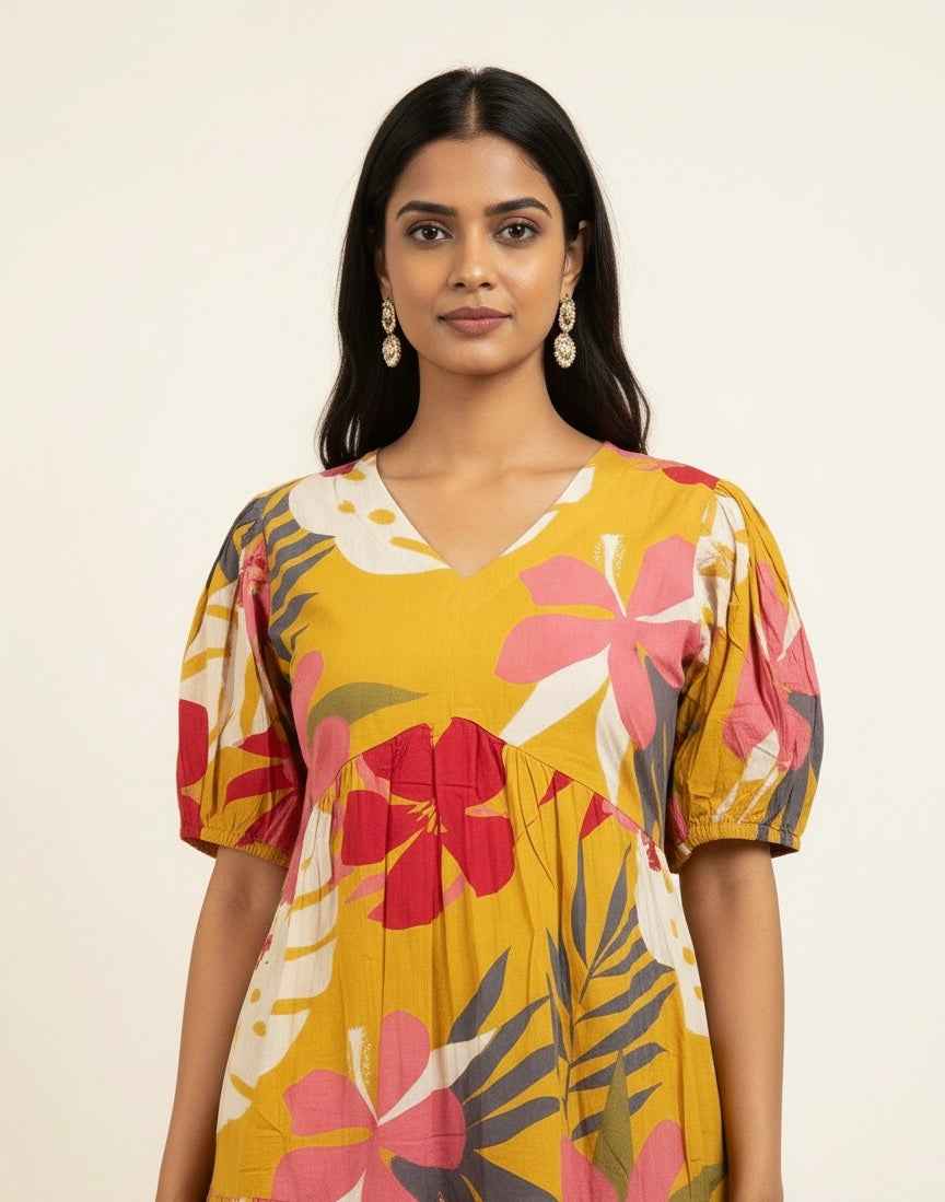 Pure Cotton Floral Print  One Piece Midi Dress  SD012