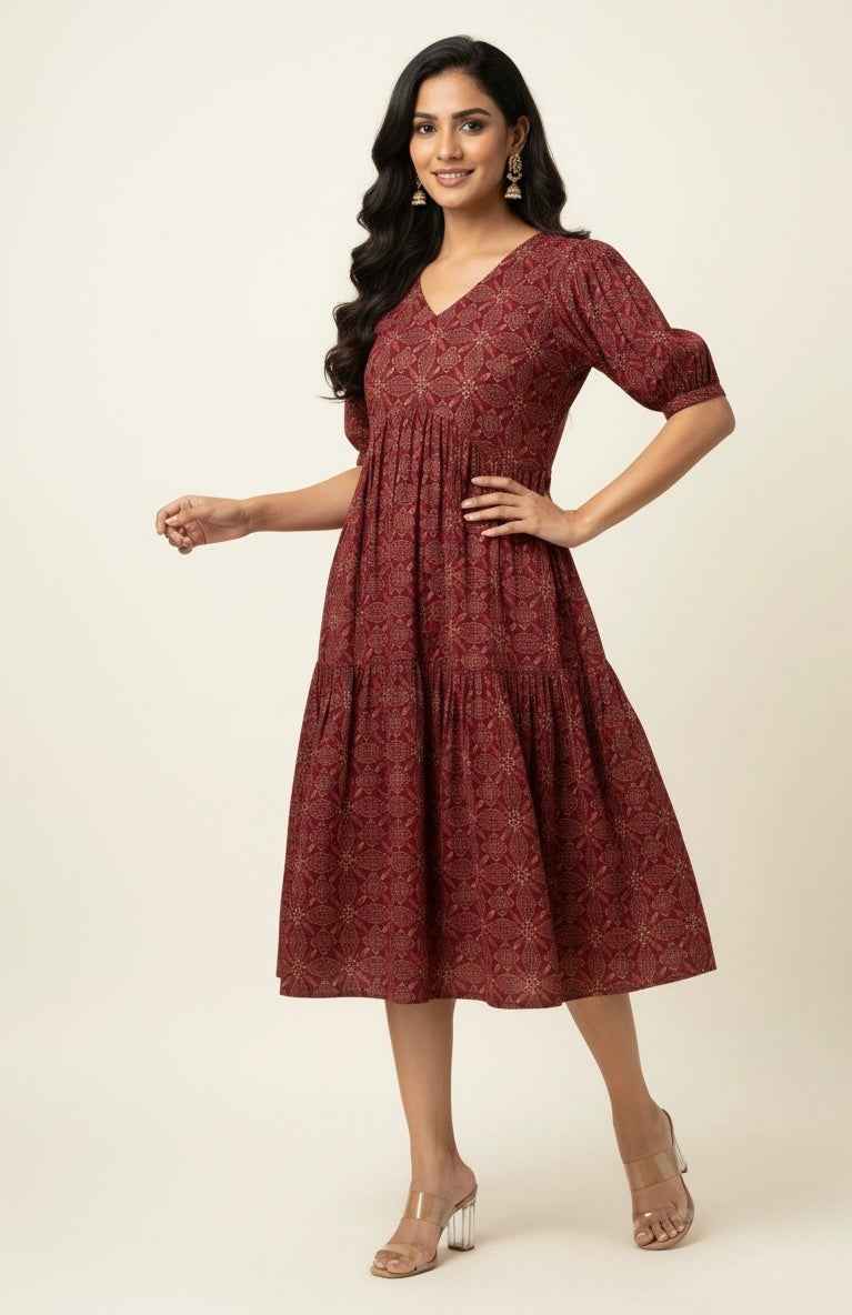 Pure Cotton Floral Print  One Piece Midi Dress  SD013