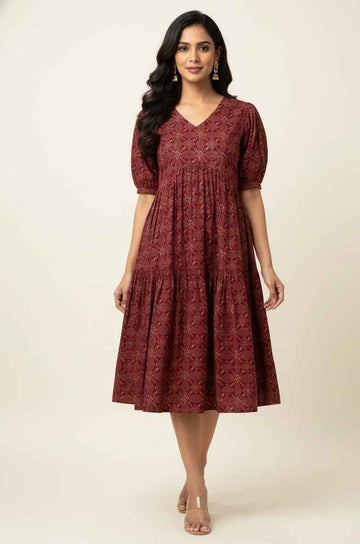 Pure Cotton Floral Print  One Piece Midi Dress  SD013