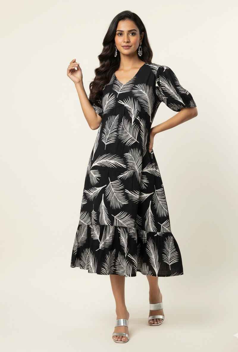 Pure Cotton Floral Print  One Piece Midi Dress  SD014