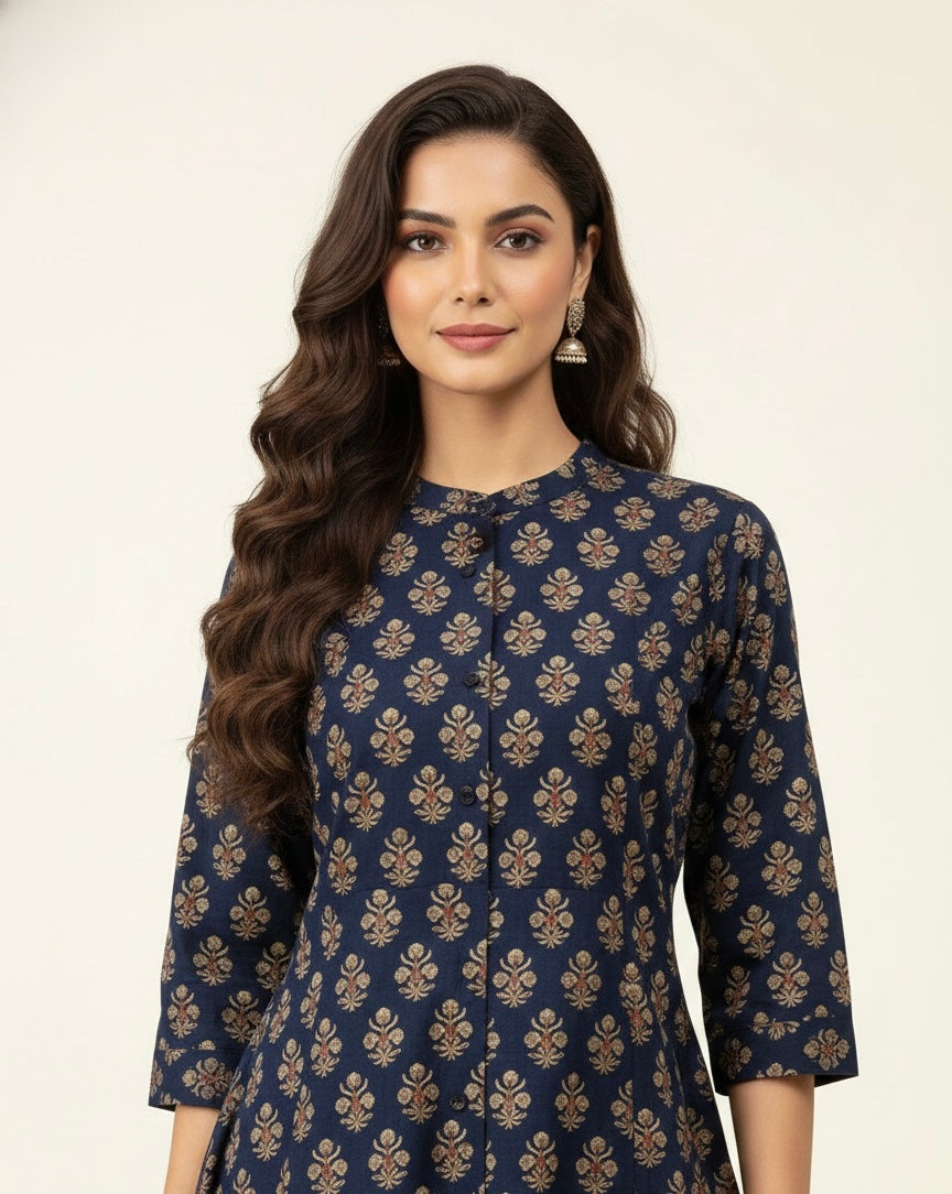 Floral Print Deep Blue Two Piece Pant Set   LC074