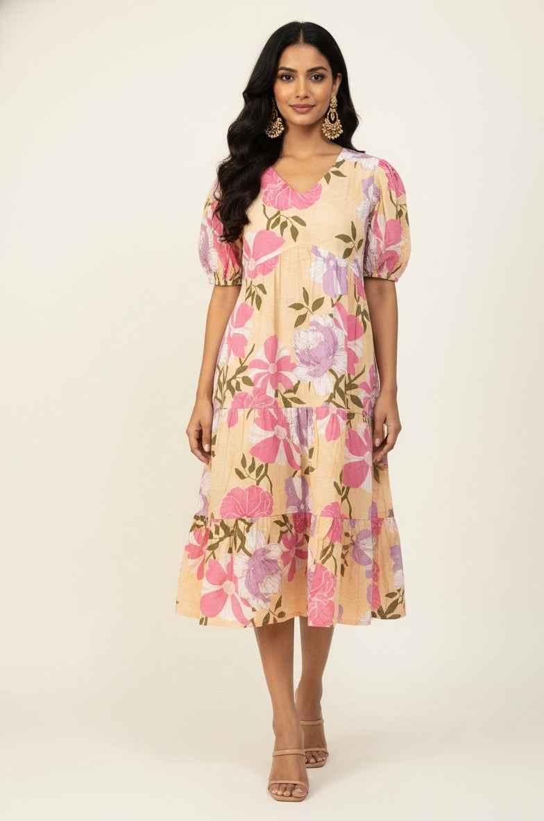 Pure Cotton Floral Print  One Piece Midi Dress  SD015