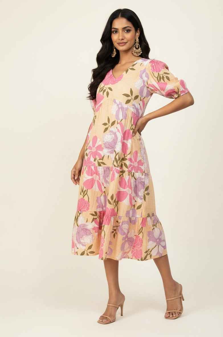 Pure Cotton Floral Print  One Piece Midi Dress  SD015