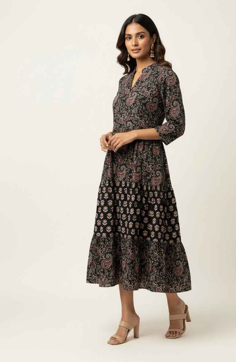 Pure Cotton Floral Print  One Piece Midi Dress  SD016