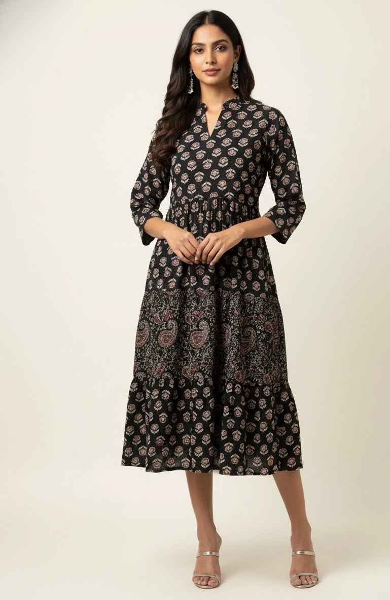 Pure Cotton Floral Print  One Piece Midi Dress  SD017