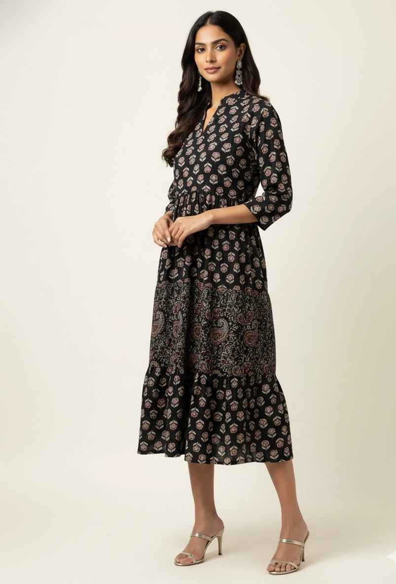 Pure Cotton Floral Print  One Piece Midi Dress  SD017