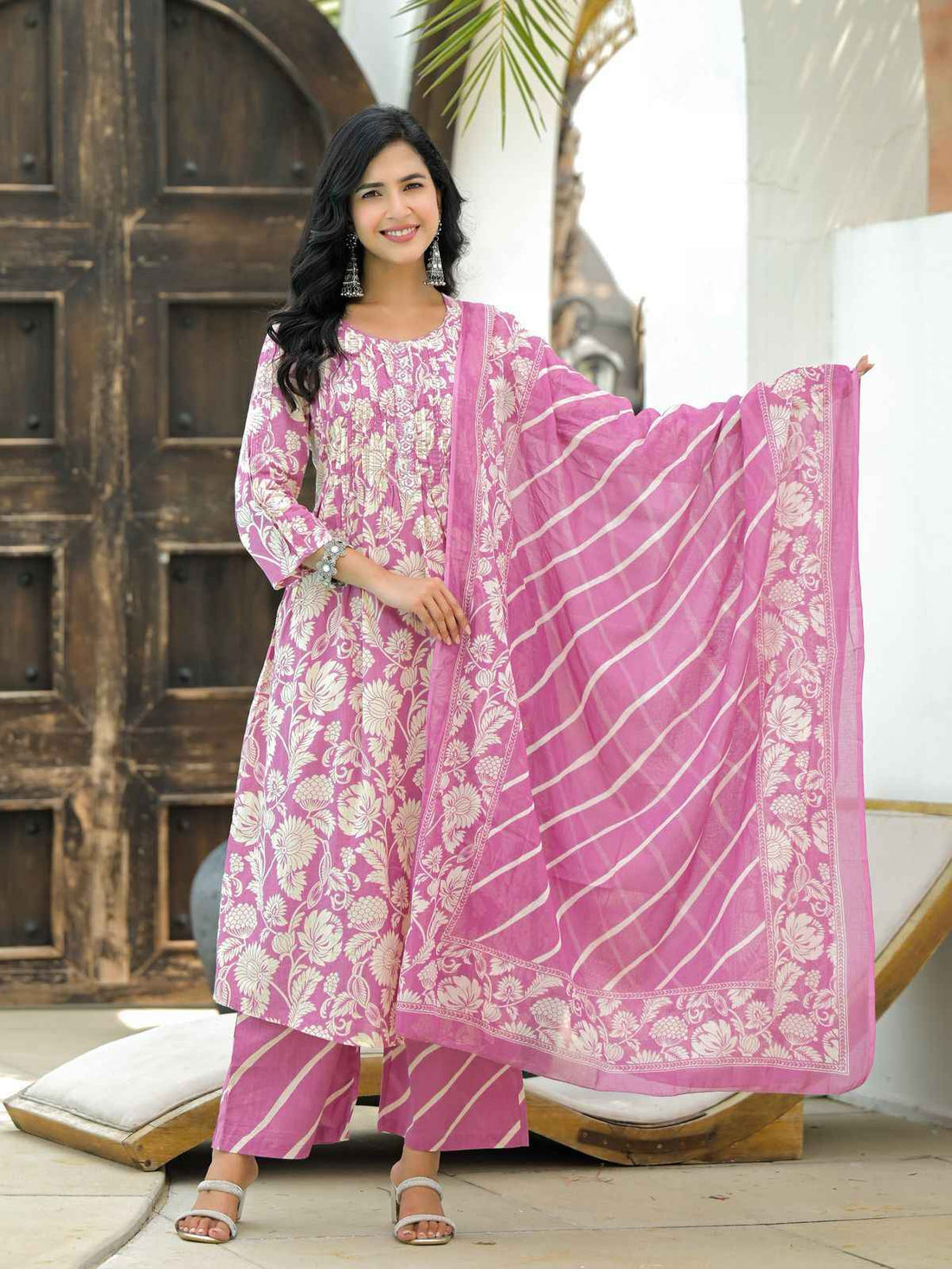 Pure Cotton A Line  Floral Print Dupatta Set