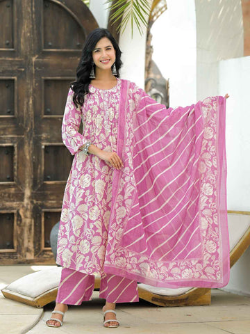 Pure Cotton A Line  Floral Print Dupatta Set