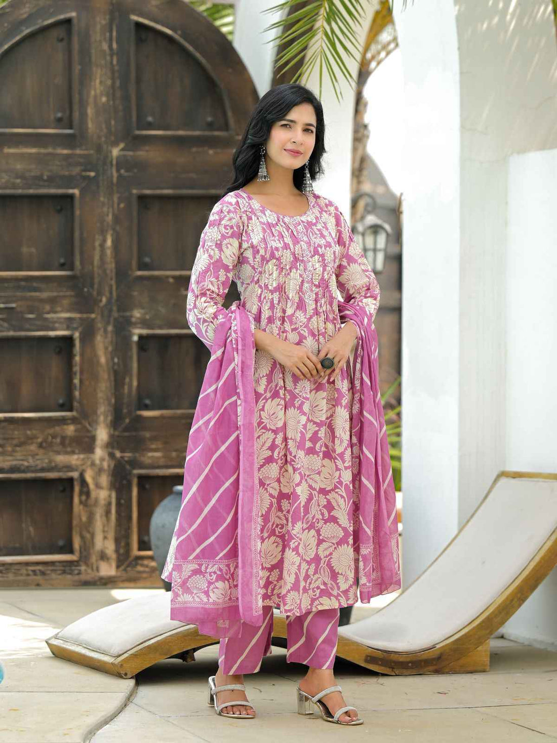 Pure Cotton A Line  Floral Print Dupatta Set