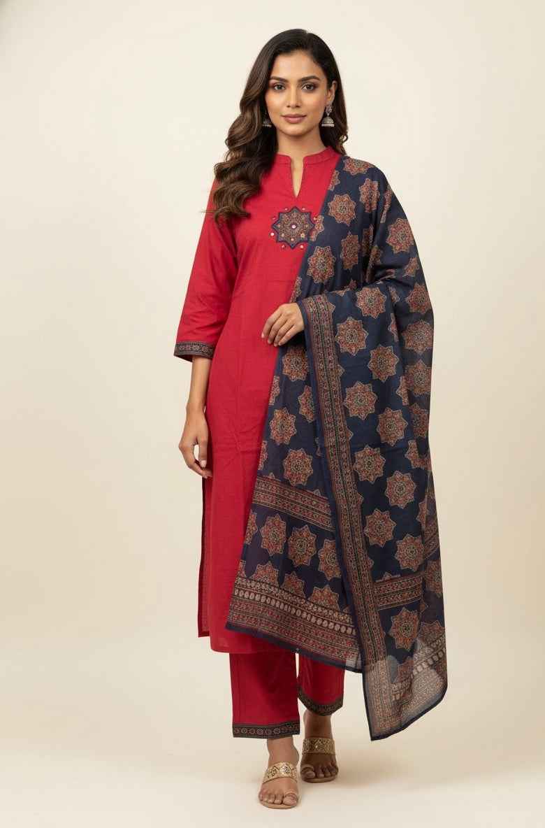 Premium cotton solid kurta with printed Dupatta set CS0157
