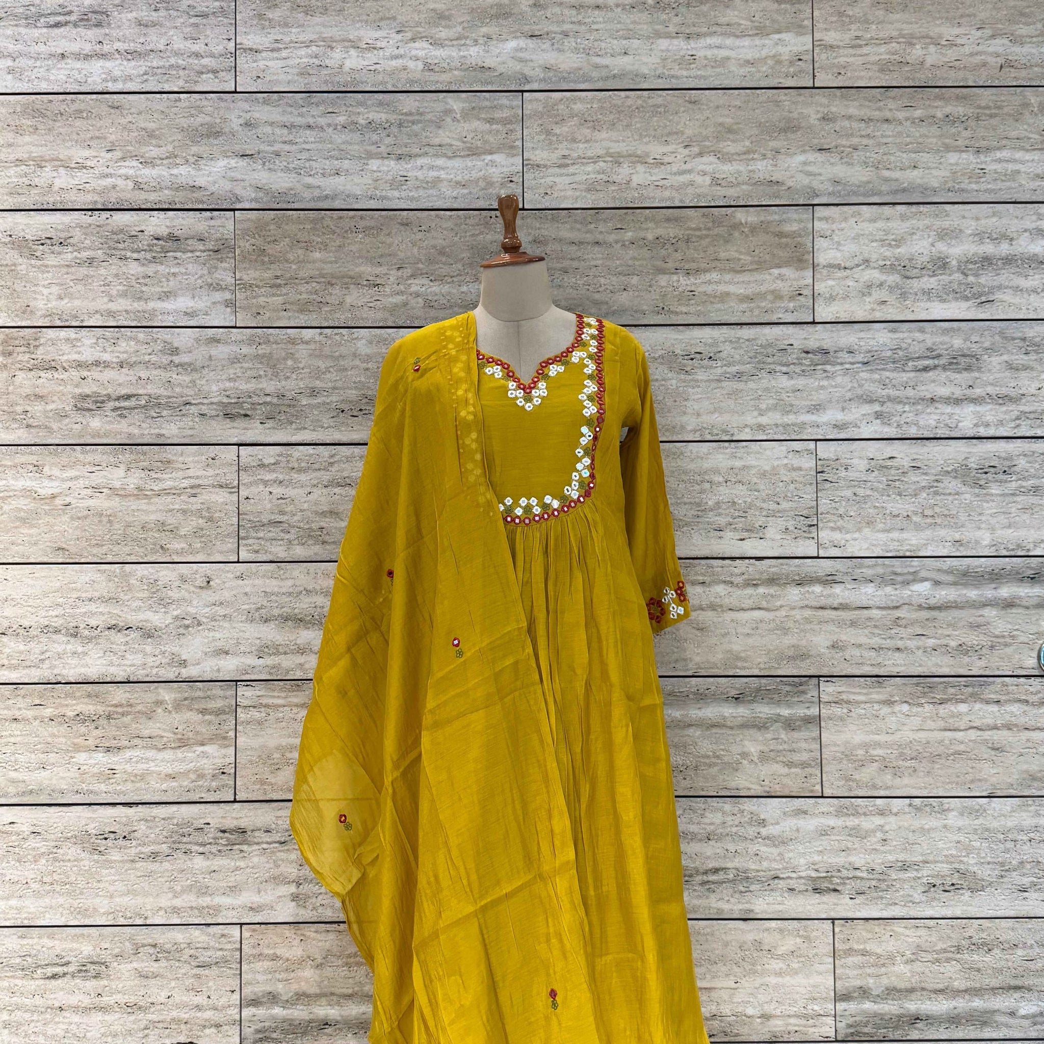 Pure Mul Chanderi A Line Dupatta Set With Mirror Work