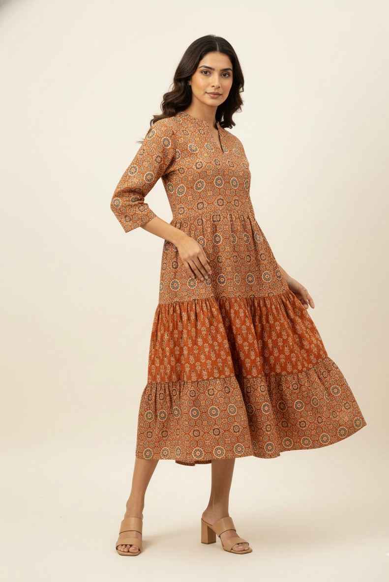 Pure Cotton Floral Print One Piece Midi Dress