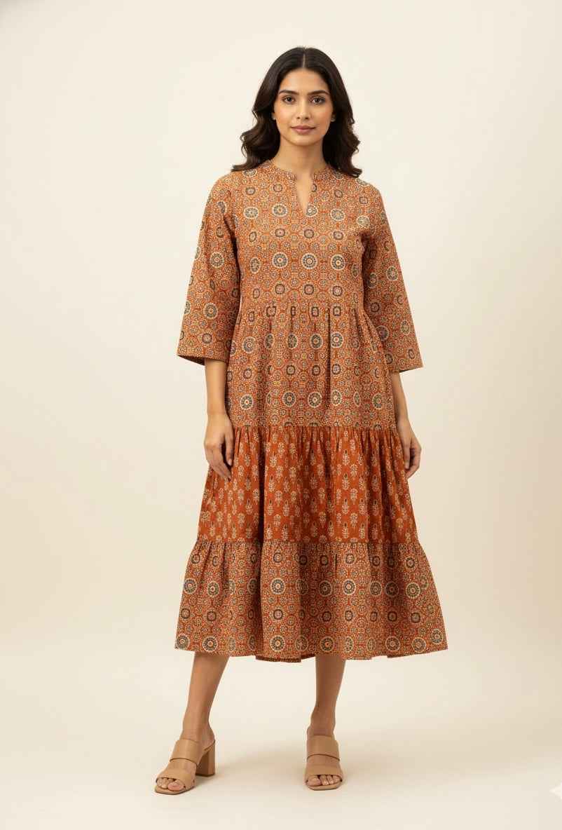 Pure Cotton Floral Print One Piece Midi Dress