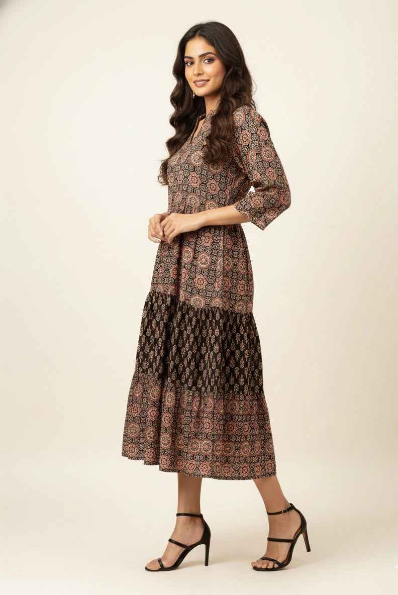 Pure Cotton Floral Print One Piece Midi Dress