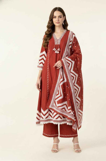 Pure Cotton A Line Three Piece Dupatta Set With Palazzo
