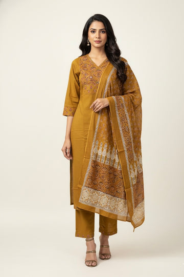 Pure Cotton V Neck Dupatta Set FL036