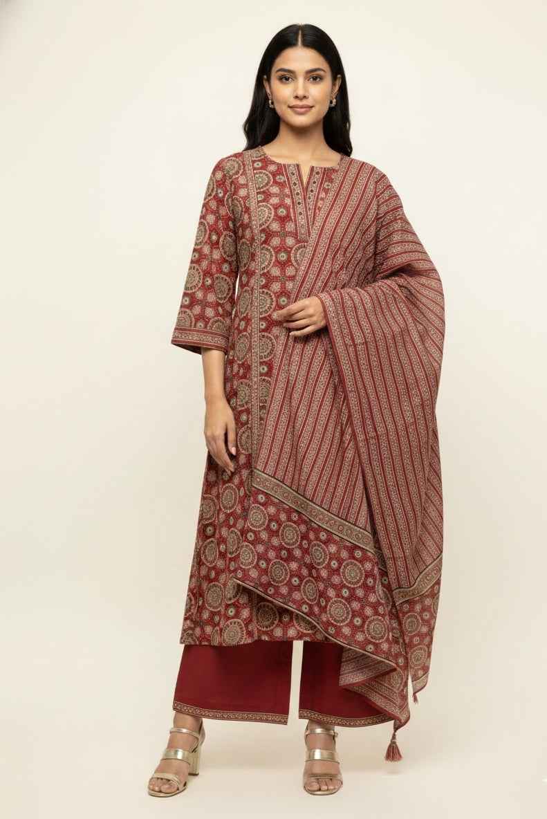 Pure Cotton Three Piece Dupatta Set With Palazzo