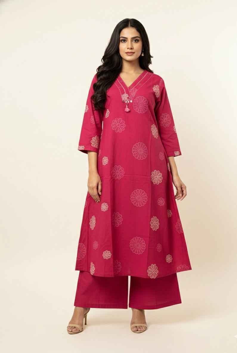 Pure Cotton A Line Three Piece Dupatta Set With Palazzo