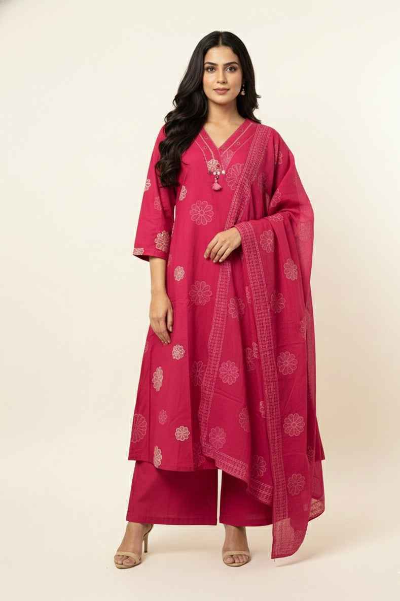 Pure Cotton A Line Three Piece Dupatta Set With Palazzo