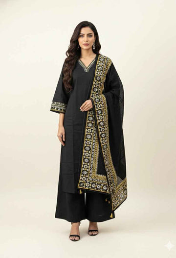 Pure Cotton Three Piece Dupatta Set With Palazzo