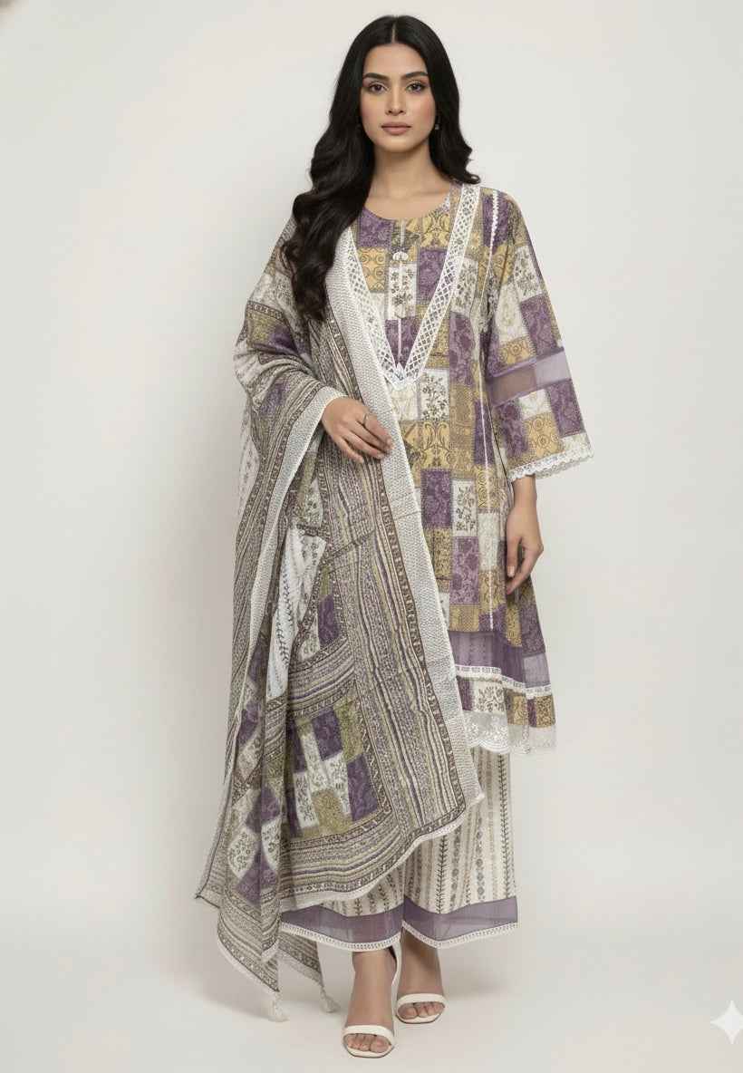 Pure Cotton Three Piece Dupatta Set With Palazzo