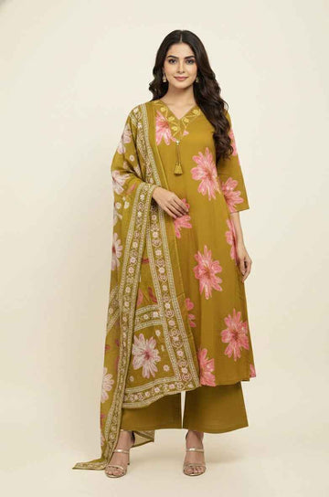 Pure Cotton A Line Three Piece Dupatta Set With Palazzo