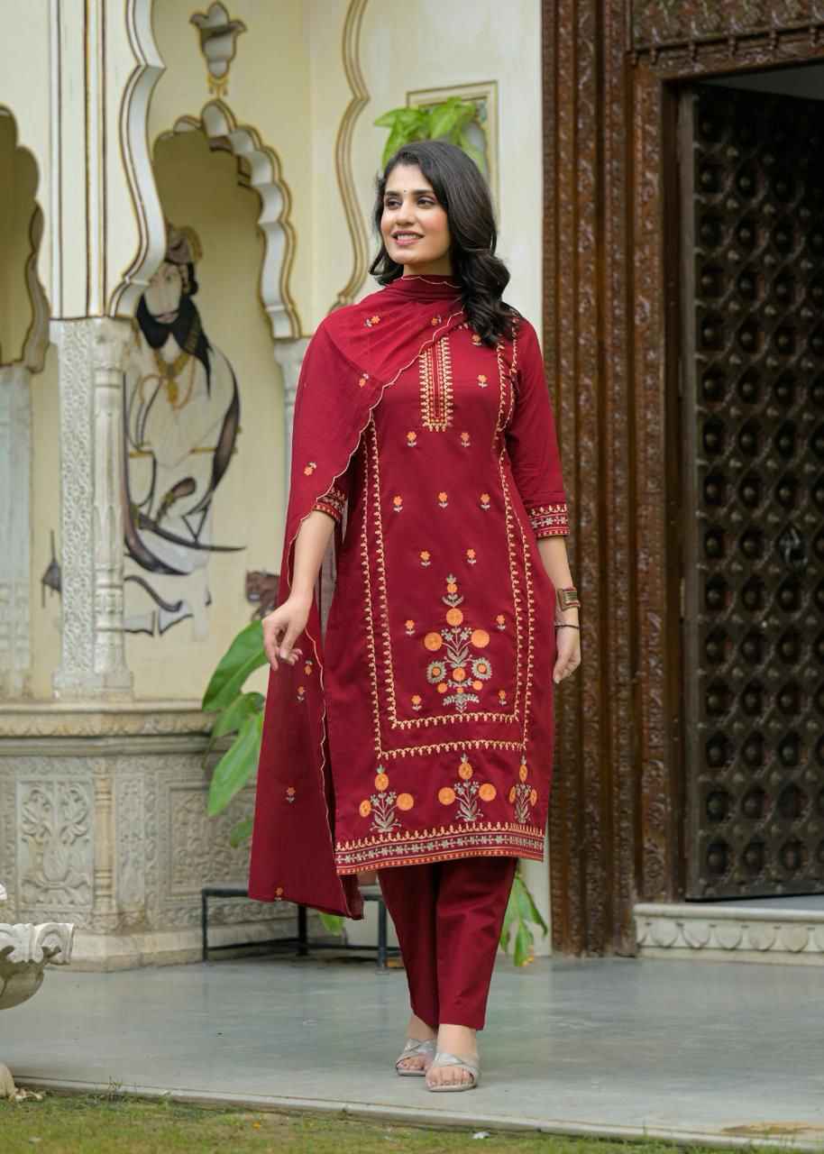 Pure Cotton Straight Dupatta Set With Embroidery Work