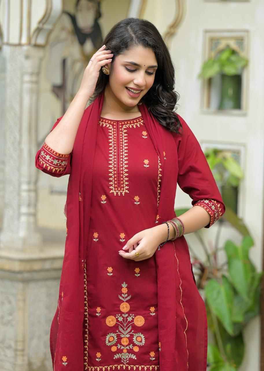 Pure Cotton Straight Dupatta Set With Embroidery Work
